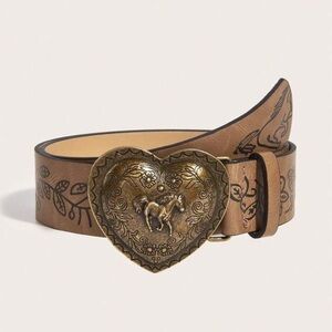 Heart Buckle Brown Leather Belt with Floral Horse Detail